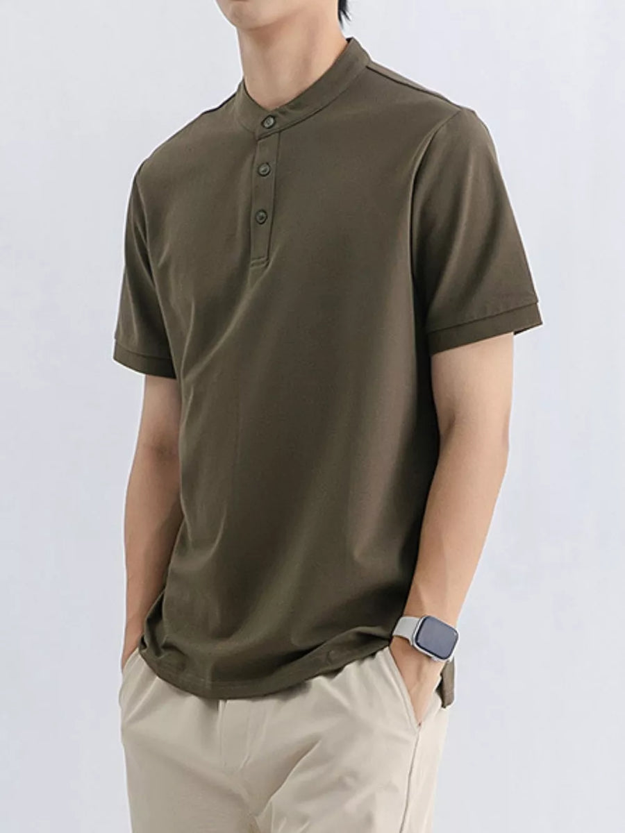 Men's dark green cotton t-shirt with mandarin collar and button placket.