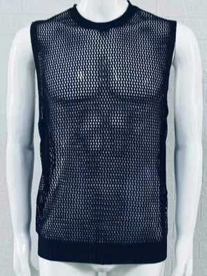 Black open-knit sleeveless crewneck tank top with a mesh pattern.