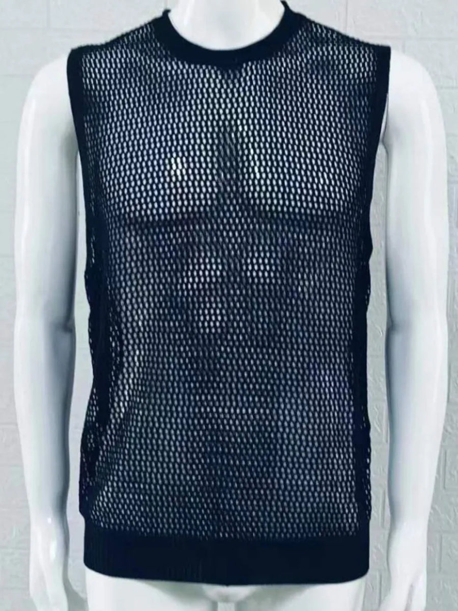 Black open-knit sleeveless crewneck tank top with a mesh pattern.