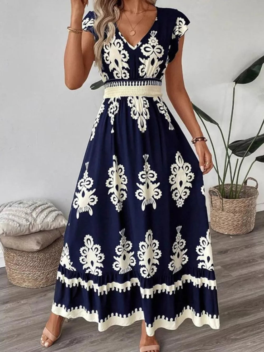 Black Ruffled Printed V-neck Maxi Dress