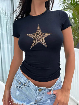Black fitted tee with leopard star graphic and crew neck.