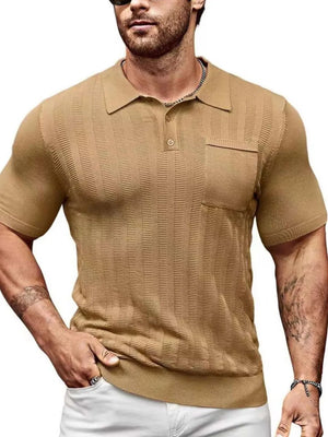 Ribbed knit polo shirt in caramel with a chest pocket and buttoned collar.