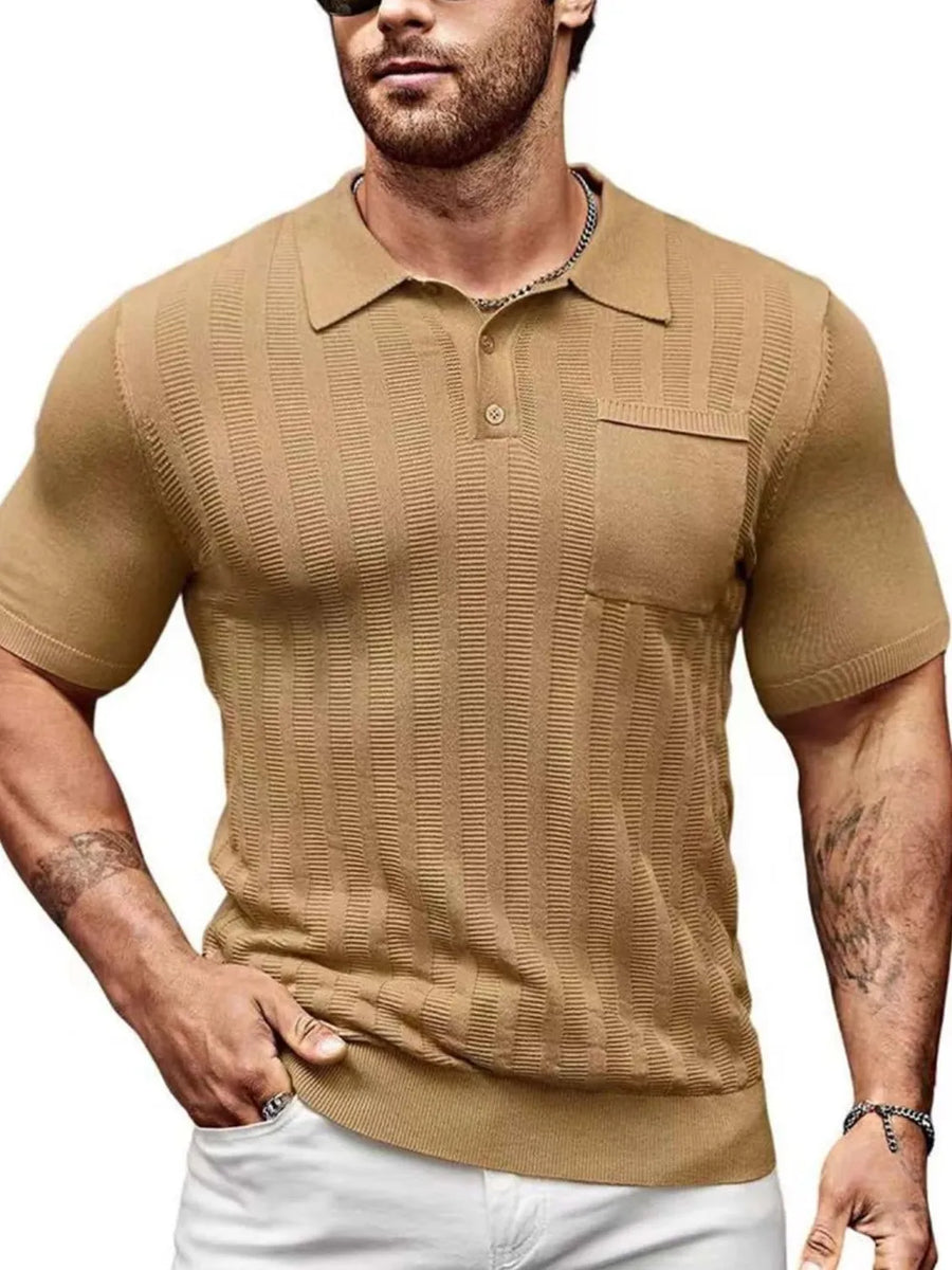 Ribbed knit polo shirt in caramel with a chest pocket and buttoned collar.