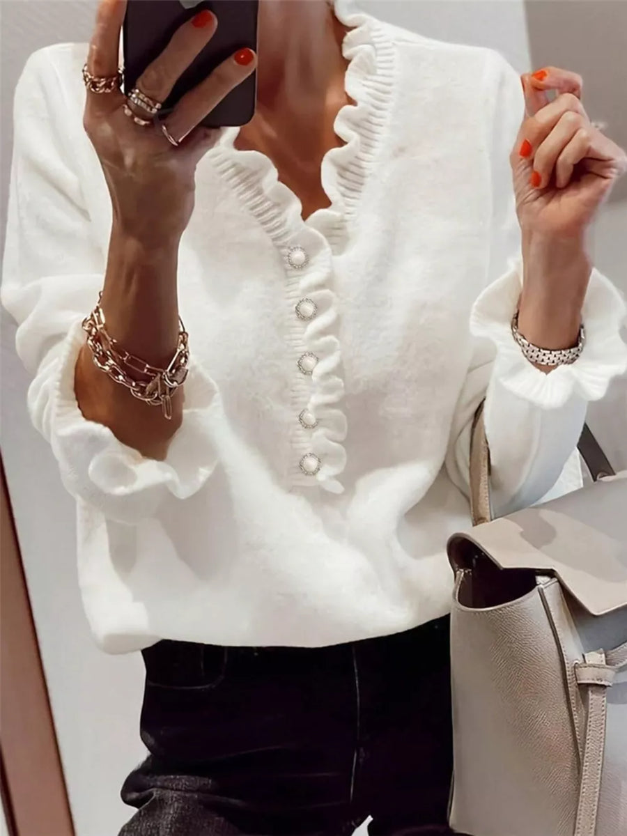 Ruffled Pearl Button Sweater in White