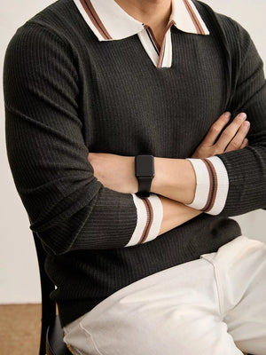 black pullover sweater with contrast trim and long sleeve