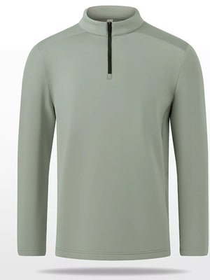 Plus-size sage green quarter-zip sweatshirt with a mock neck and black zipper.