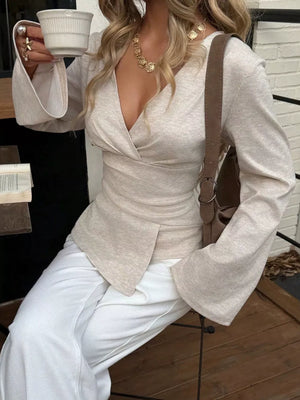 oatmeal wrap top with waist-length and wrap