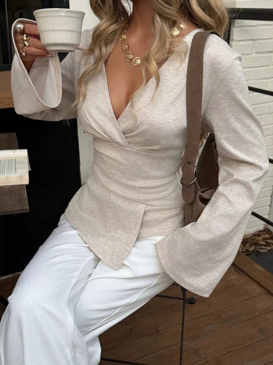 oatmeal wrap top with waist-length and wrap