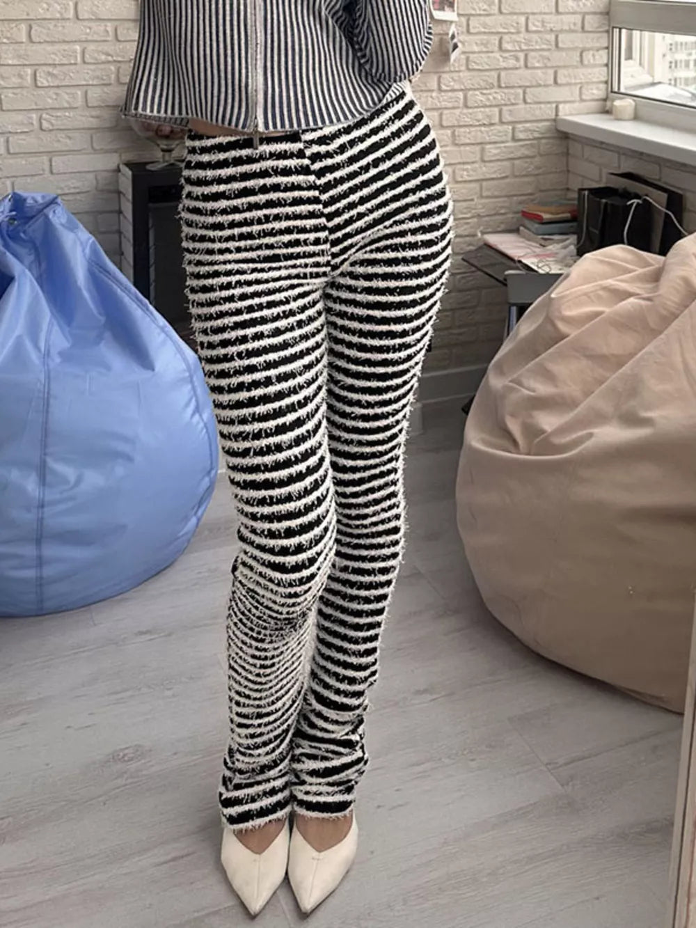Army Green Striped Fuzzy Knit Pants