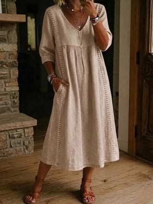 Full Size V-neck 3/4 Sleeve Midi Dress Plus Size in Yellow