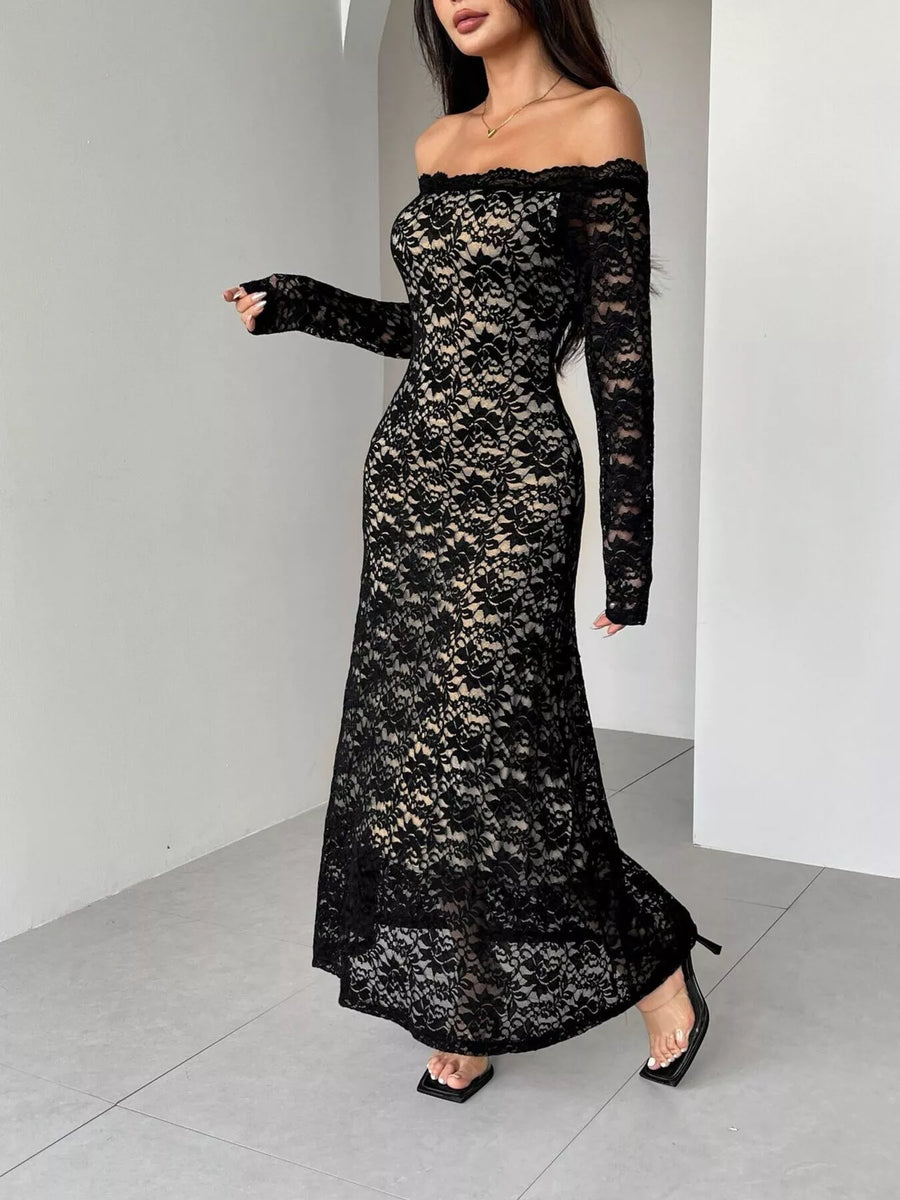 Black off-shoulder lace dress with long sleeves and a fitted silhouette.