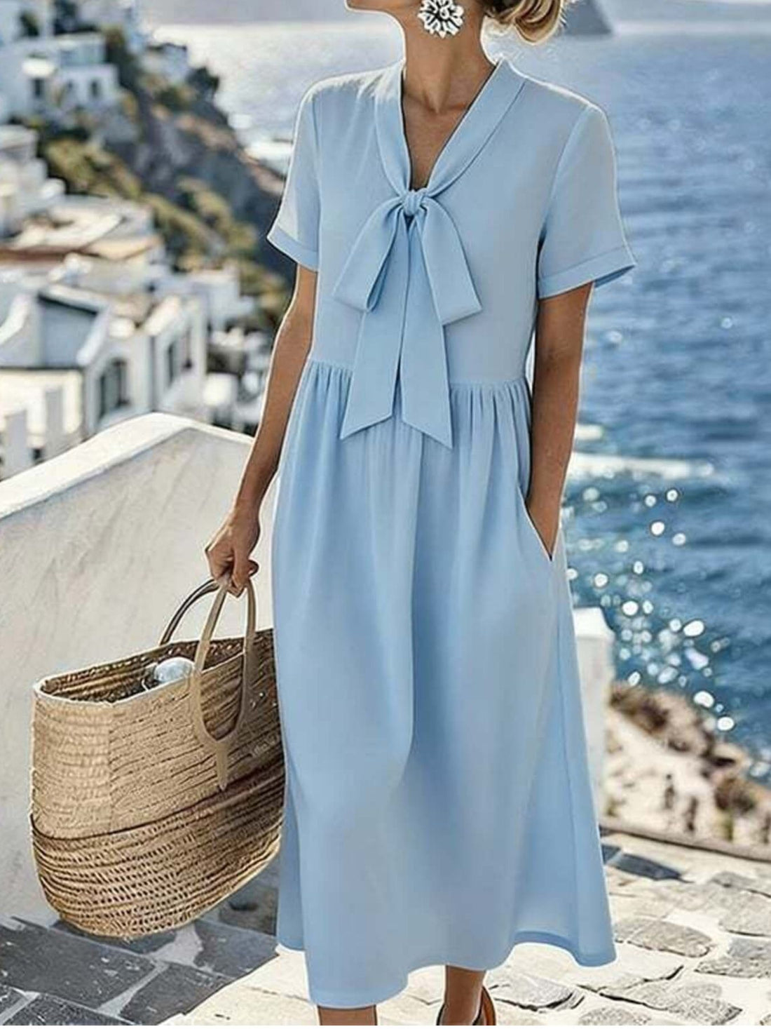 midi dress in light blue featuring pocketed and A-line fit