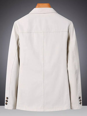 Casual cotton lapel blazer for men in off-white with buttoned cuffs.