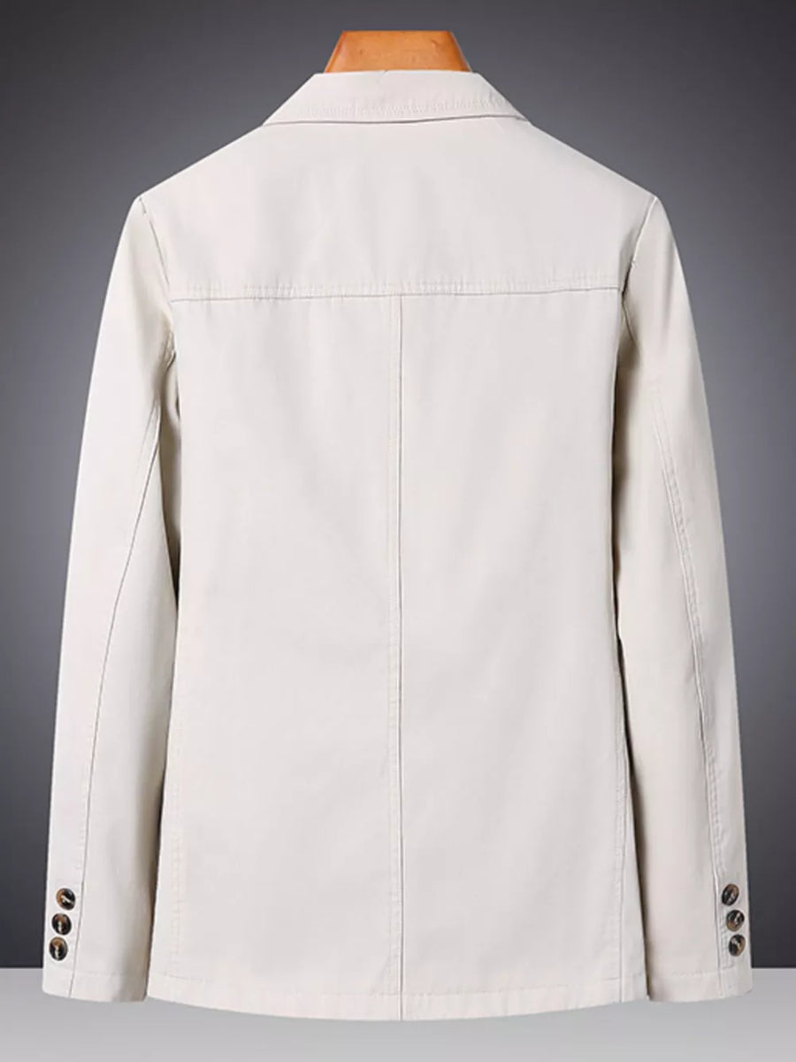 Casual cotton lapel blazer for men in off-white with buttoned cuffs.