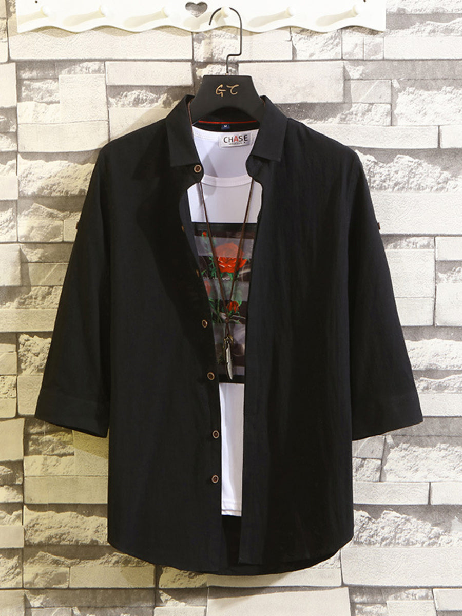 Black linen blend shirt with three quarter sleeves and collar