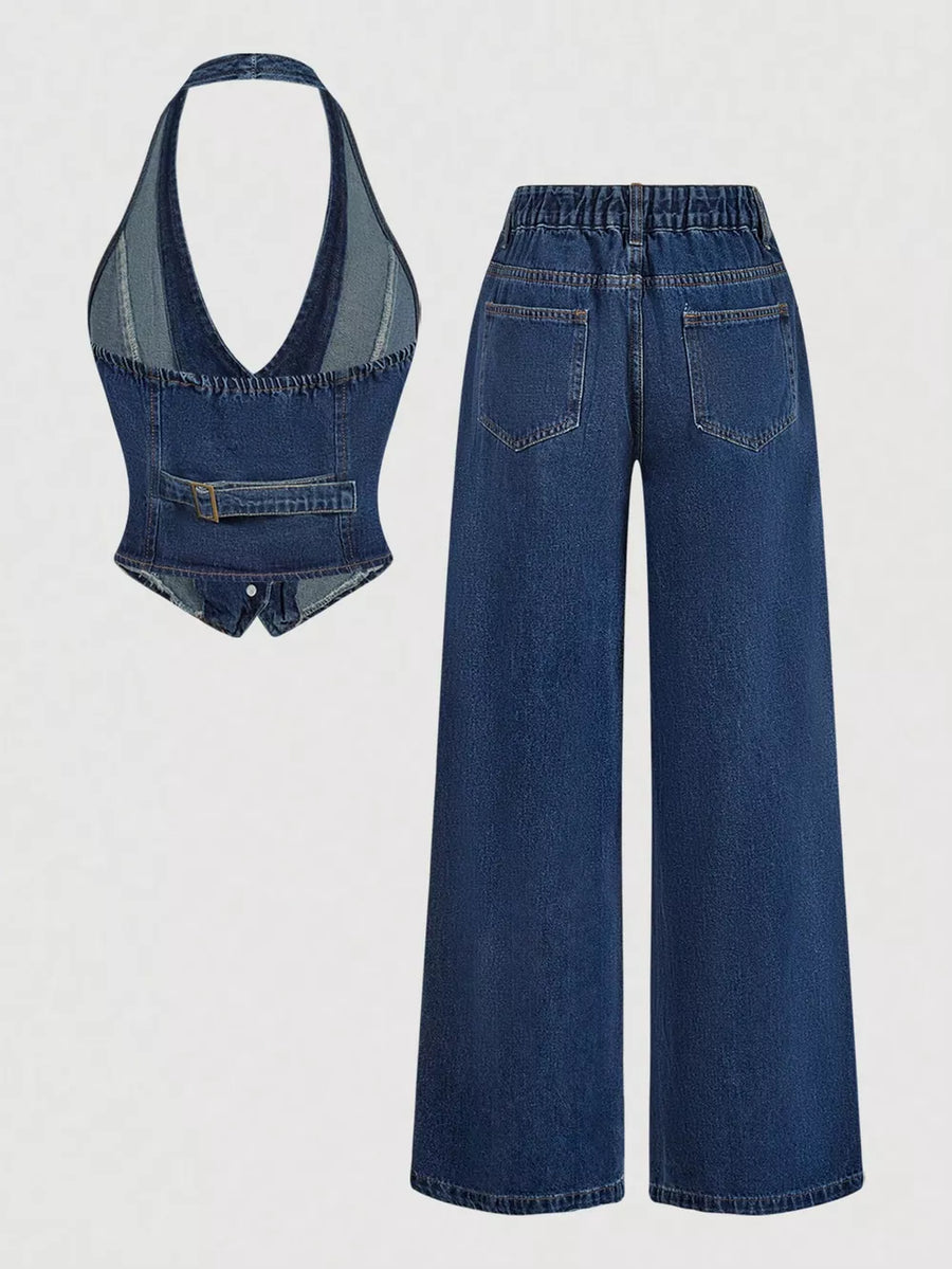 Dark Halter Neck Denim Vest And Wide-leg Jeans Set