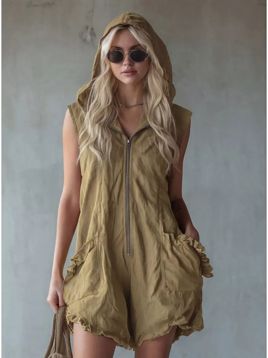 Khaki hooded sleeveless romper with ruffled pockets and zipper front.