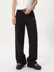 Black wide-leg sweatpants with adjustable waist and front seam detail.