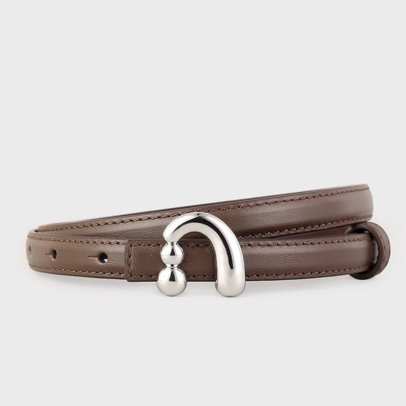 Brown skinny leather belt with a unique silver buckle and double ball detail.