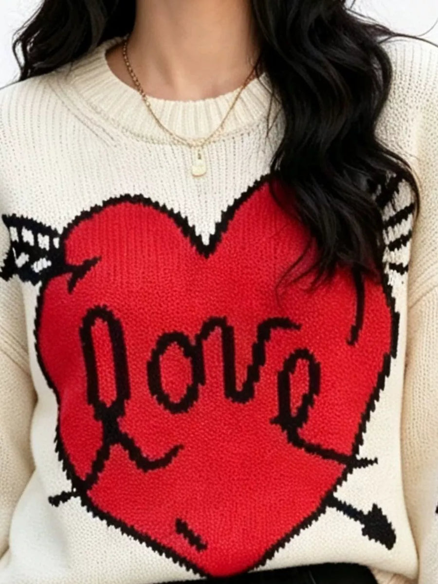 White Heart Round Neck Ribbed Sweater