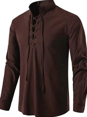 Coffee brown linen shirt with mandarin collar and lace-up detail