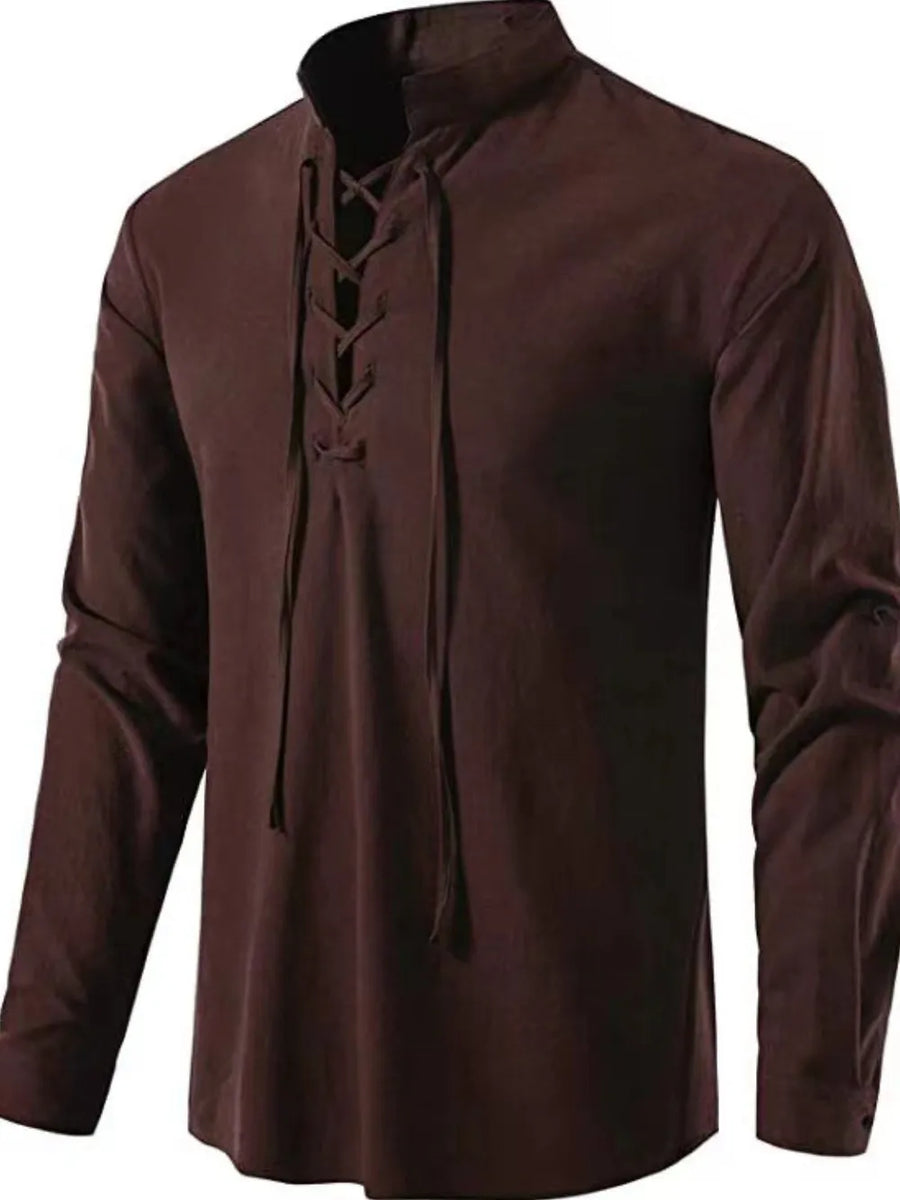 Coffee brown linen shirt with mandarin collar and lace-up detail