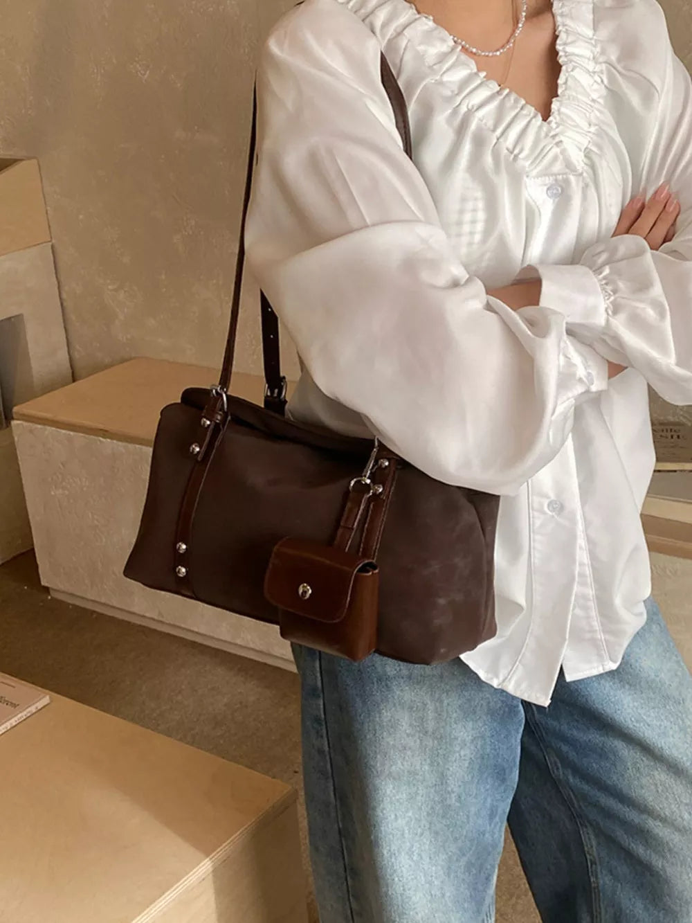 Brown Leather Shoulder Bag With Detachable Pouch