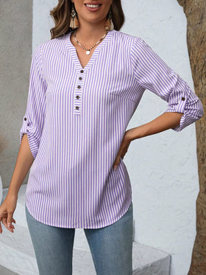 Purple stripe v-neck blouse with roll-up sleeves and button detail