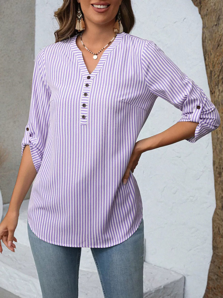 Purple stripe v-neck blouse with roll-up sleeves and button detail