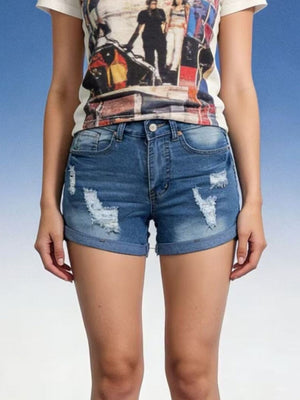 Light blue distressed denim shorts with cuffed hem and button closure.