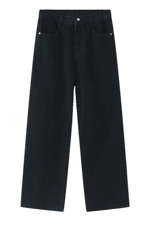 Black wide-leg denim trousers with elastic waist and button closure