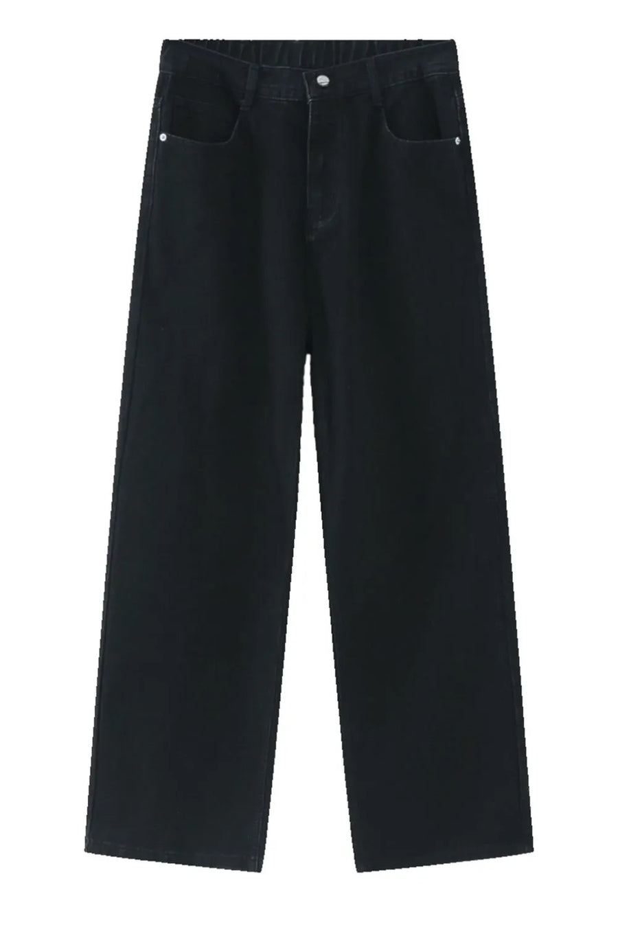 Black wide-leg denim trousers with elastic waist and button closure