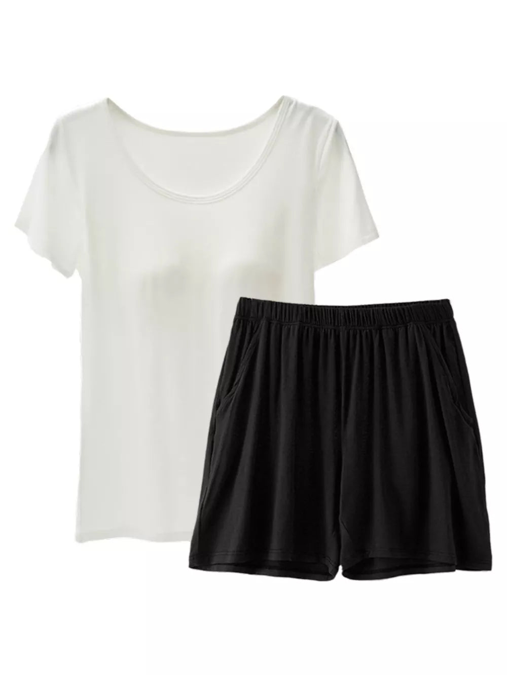 Milky white t-shirt with scoop neck and black shorts with pockets, women's pajama set.