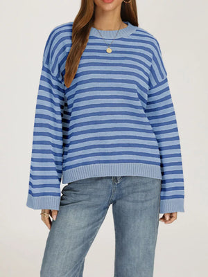 royal blue pullover sweater featuring ribbed and striped