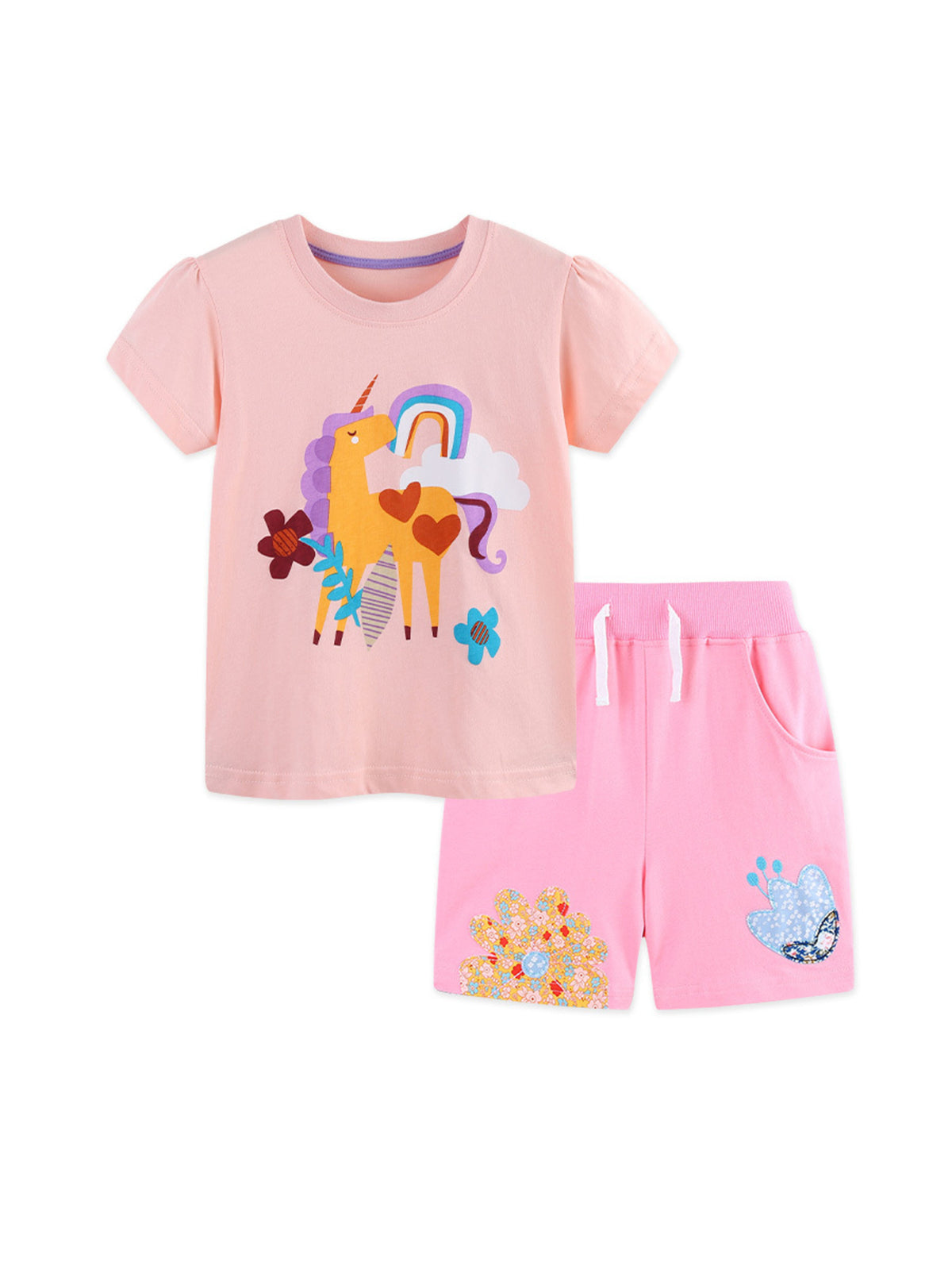Pink cotton toddler unicorn graphic t-shirt and shorts set with rainbow and flower details.