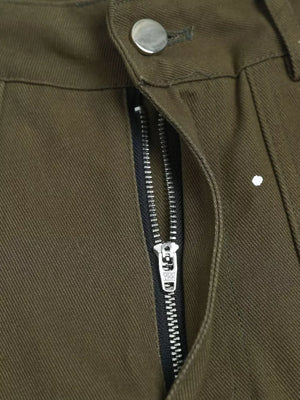 Olive green cotton cargo pants with white paint splatter detail and YKK zipper.