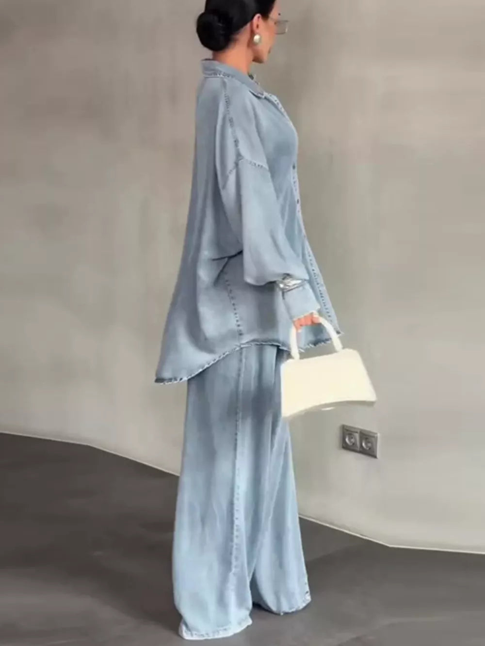 modern shirt and pants set in Light Blue with collared