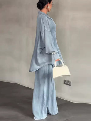 modern shirt and pants set in Light Blue with collared