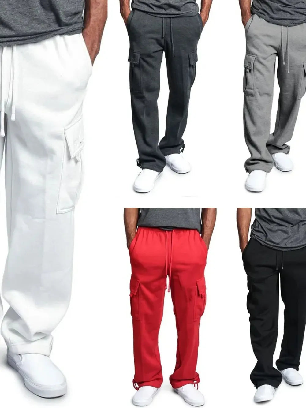 Cargo pocket fleece lounge trousers in white, dark gray, gray, red, and black with drawstring waist