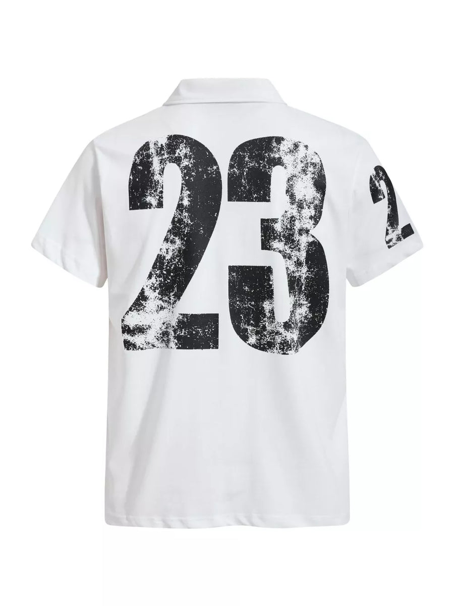 White cotton polo shirt with distressed black number 23 graphic on back