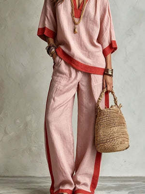 deep red relaxed pants set with collared