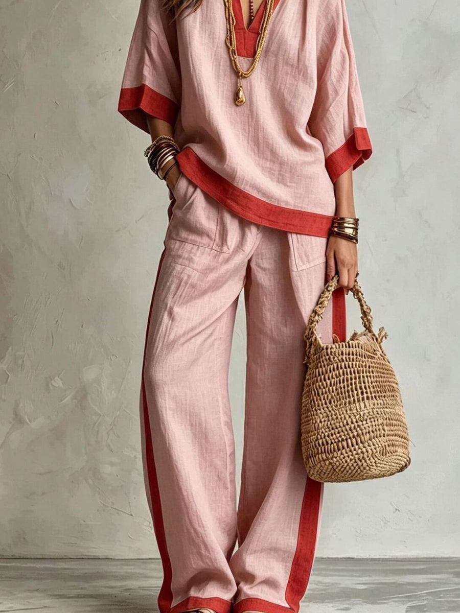 deep red relaxed pants set with collared