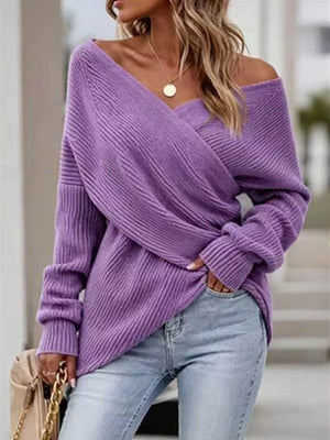 Black Crisscross Ribbed Knit Long Sleeve Sweater