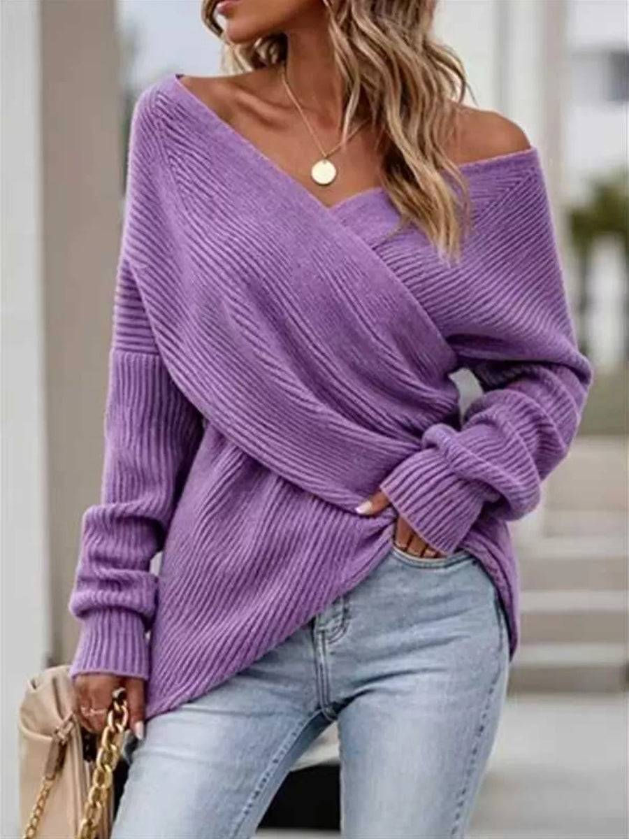 Black Crisscross Ribbed Knit Long Sleeve Sweater