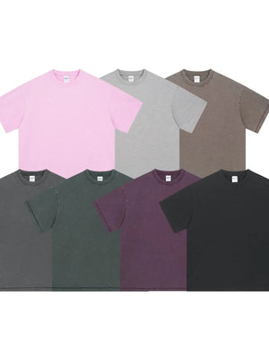 Men's basic crewneck t-shirts in Blush Pink, Dark Gray, Dark Green, Mocha, and Mauve.