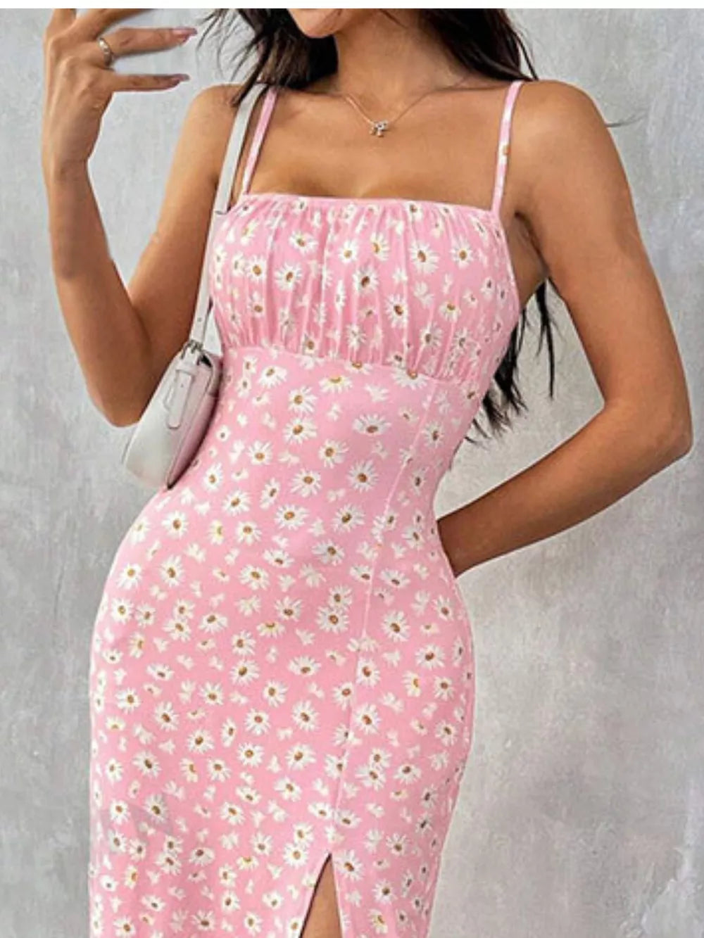 Dusty Pink floral spaghetti strap midi dress with ruched bust and side slit.