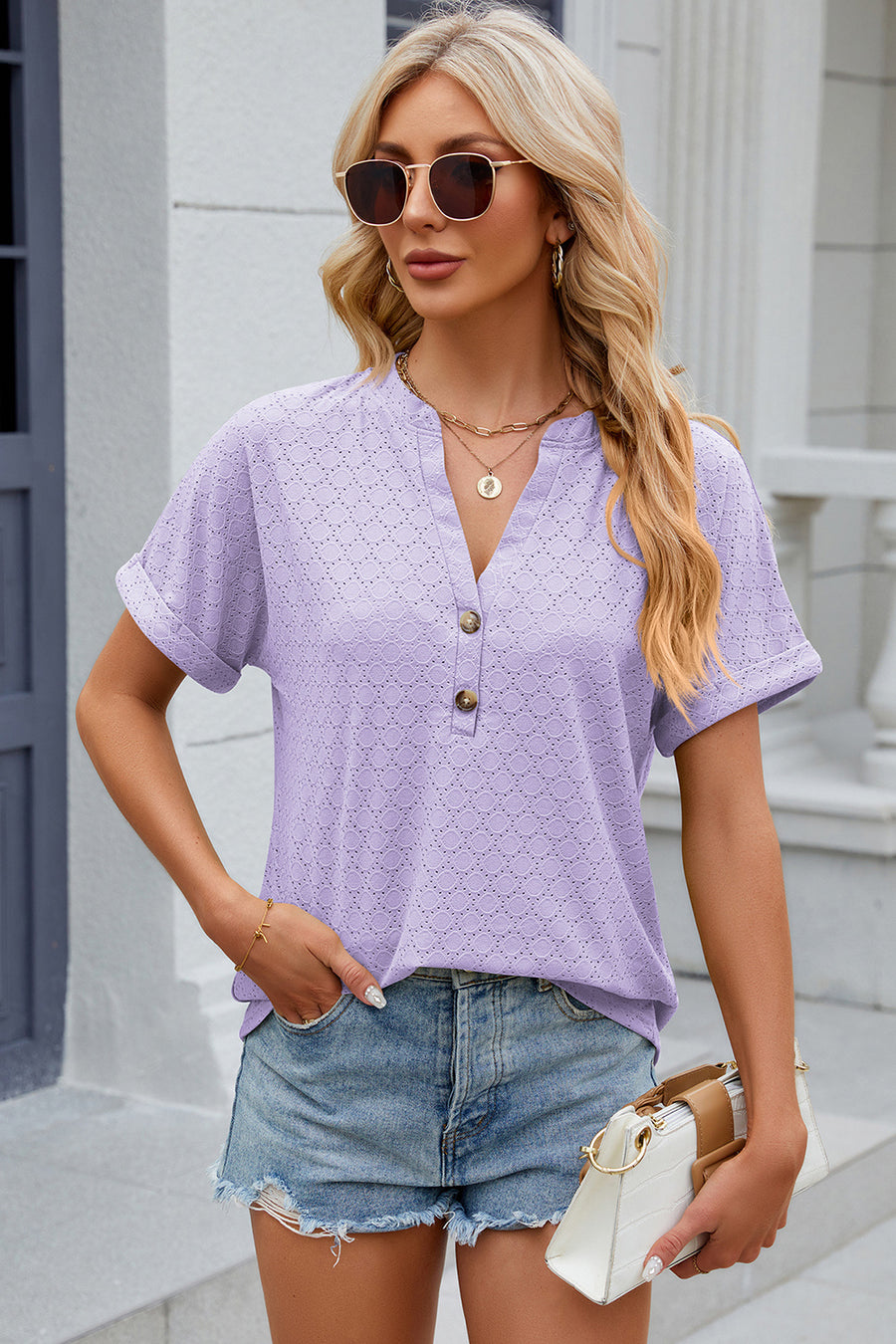 Lavender textured henley tee with rolled sleeves and button detail