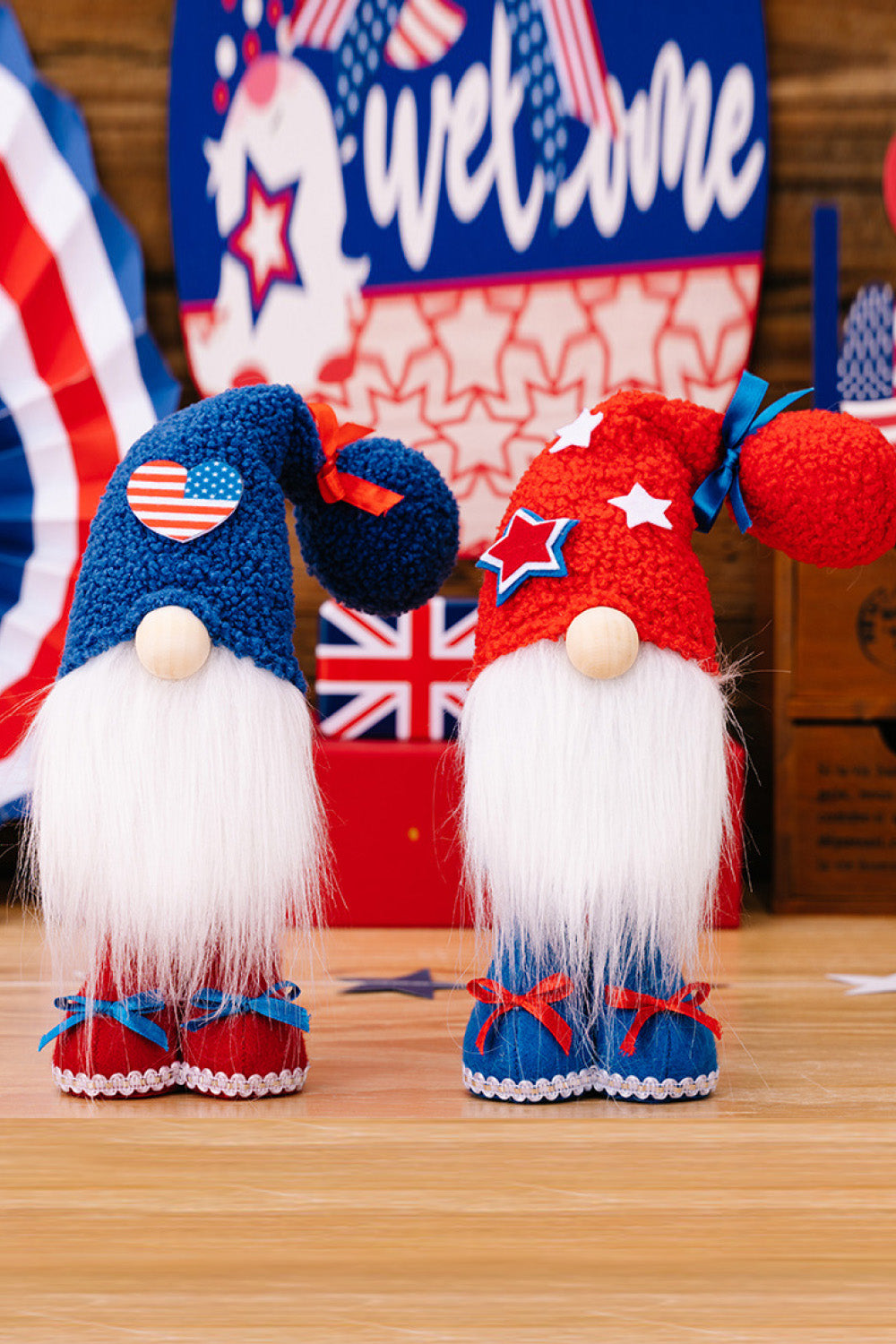 Stars & Stripes gnome duo with white beards, red & blue hats, and patriotic accents.