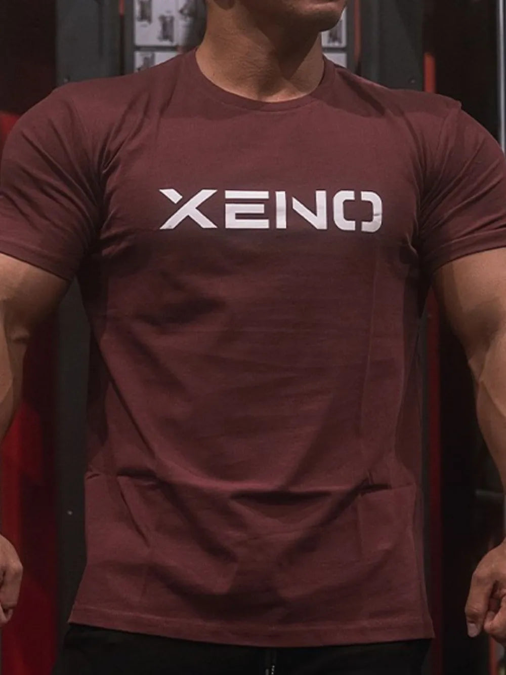 Burgundy athletic fit t-shirt with white XENO logo on chest