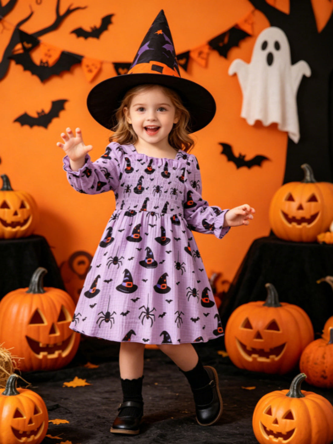 lavender A-line dress with Halloween print and square neck
